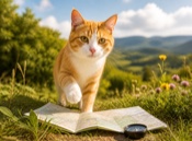 Orange and white cat exploring a bright grassy hill with a paper map, compass and colorful rounded plants