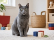 Alert blue-gray cat with complete face and ears beside generic blue and rust play blocks in natural light