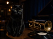 Black cat beside a brass trumpet and vinyl record in a dim jazz-room setting