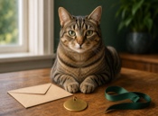 Brown tabby cat beside a blank brass pet tag, plain envelope and green ribbon