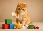Playful orange tabby cat beside plain red and green blocks and a blank gold star toy