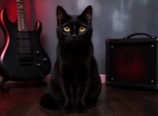 Sleek black cat beside an unbranded electric guitar and small amplifier under dramatic but natural studio light