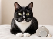 Calm tuxedo cat beside two layered blank pet tags and a small pearl charm