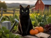 Green eyed black cat in a sunny farm garden beside an unbranded watering can and small pumpkins