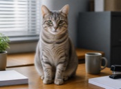 Grey tabby cat seated at a tidy desk with plain paper stacks and an unbranded stapler